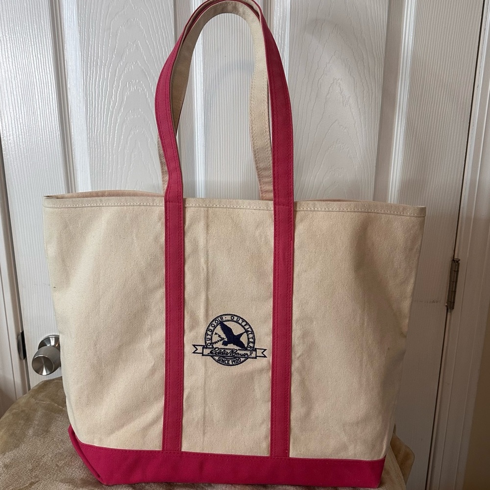 1980s Eddie Bauer Canvas Tote Bag Classic “Boat Tote” Design with Pink Constrast